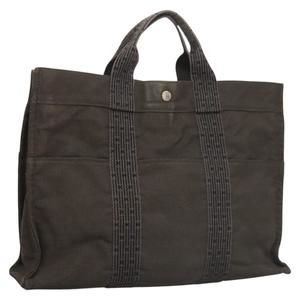 HERMES Her Line MM Tote Bag Canvas Gray Silver Auth ar13480